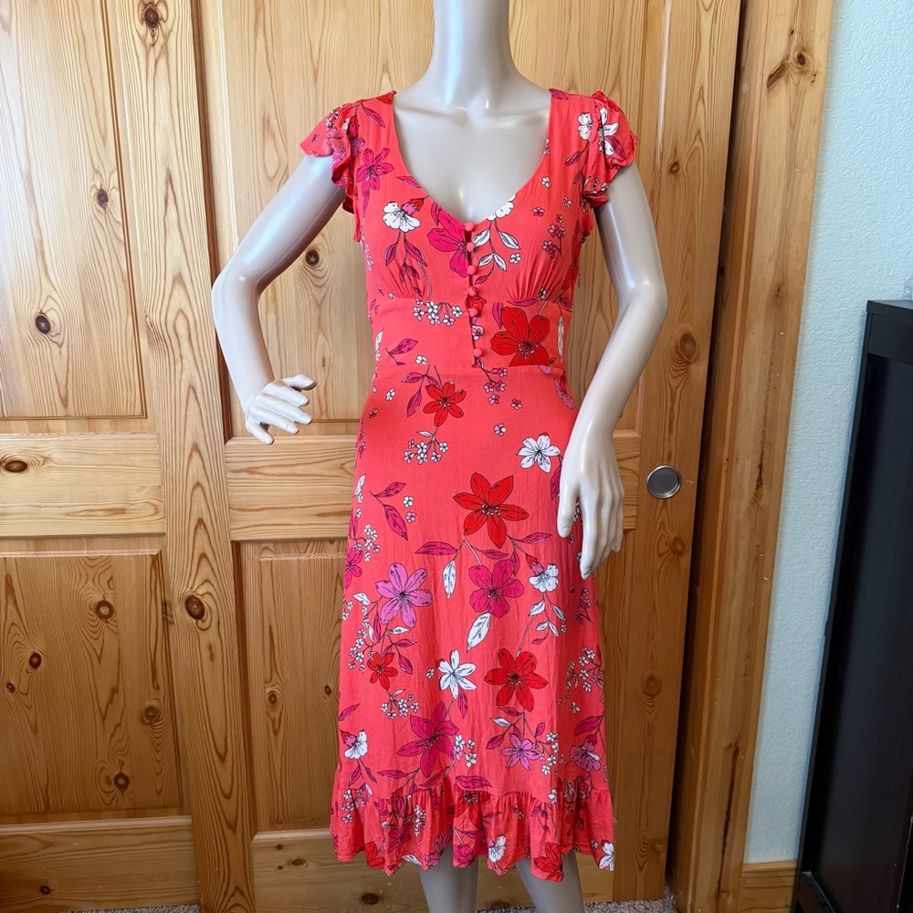 Y2K Banana Republic Red Floral Dress Milkmaid Midi Flowy Size 0 Flutter Sleeves